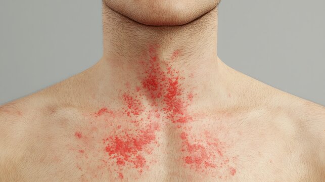 Isolated Image Showcasing the Characteristic Red Rash Eruption on the Upper Chest and Neck Typical Symptom of Scarlet Fever a Contagious Streptococcal Bacterial Infection