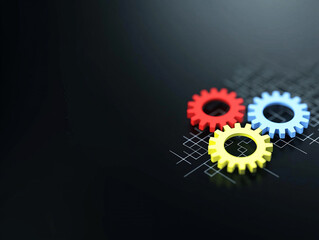 Colorful gears on dark background symbolize interconnectedness and mechanics