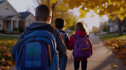 Children walking to school in autumn