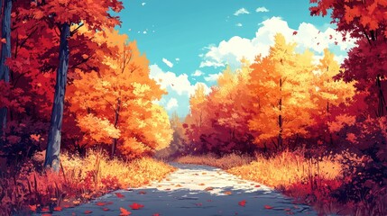 Autumn forest path, colorful leaves, sunny day, peaceful scene, landscape photography