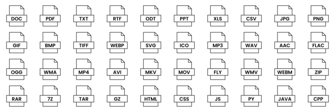 set of file extension icon. Set file document formats: PDF, CSV, DOC, JPG, RTF, TXT, XLS, RAR, ZIP, AVI, MOV, GIF, JPG, PNG, PSD, RAF, MP3, MP4, XVID, MPEG, XTML, JPEG, file