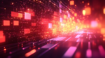Digital technology background with a pixelated light speed effect and glowing digital blocks, symbolizing fast data transfer in the online world. 