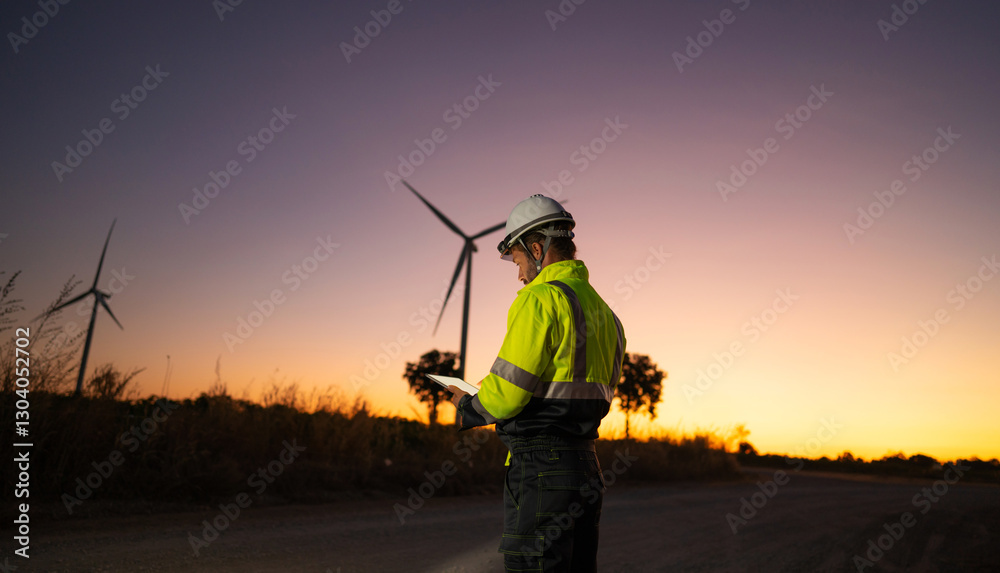 Poster engineer man working with tablet at windmill farm generating electricity clean energy. wind turbine 