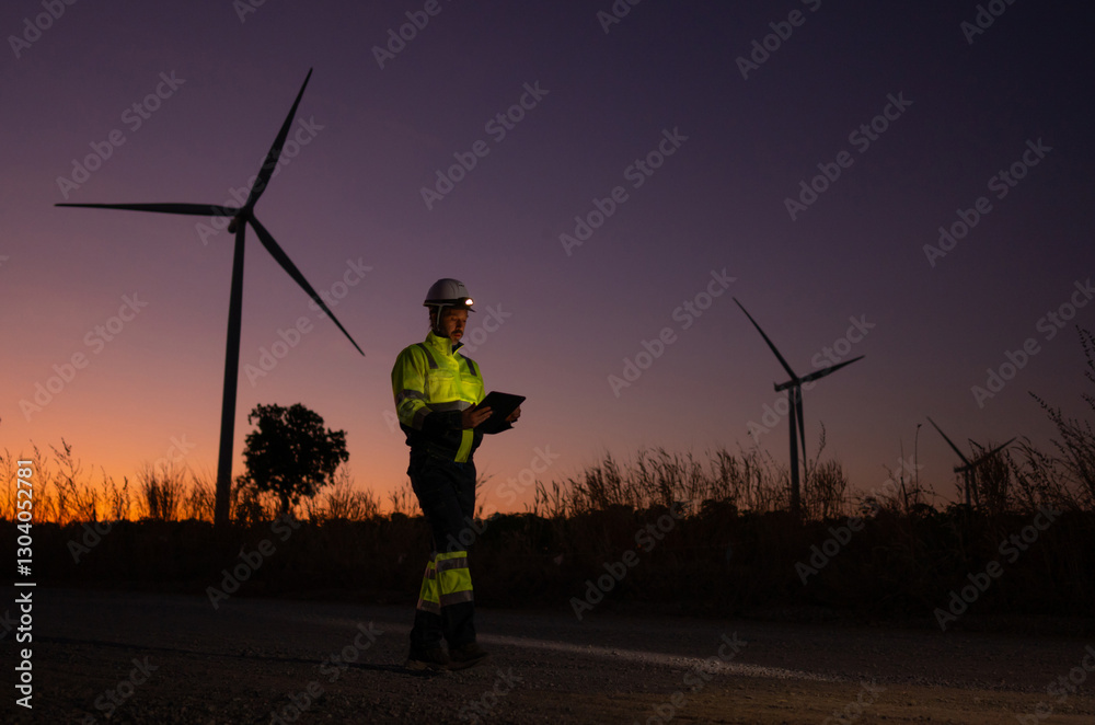 Poster engineer man working with tablet at windmill farm generating electricity clean energy. wind turbine 