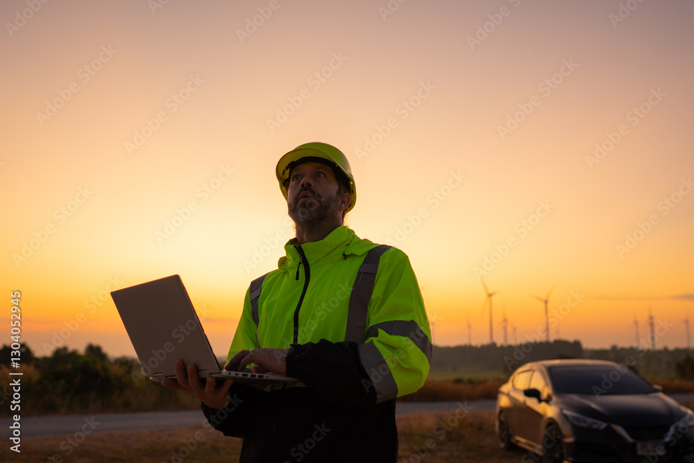 Poster Engineer working on laptop in front of wind turbines for checking wind turbines of the field during beautiful sunset. Alternative energy concept.