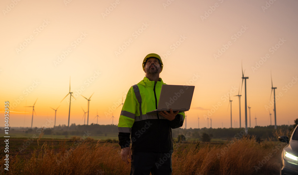 Aufkleber Engineer working on laptop in front of wind turbines for checking wind turbines of the field during beautiful sunset. Alternative energy concept.