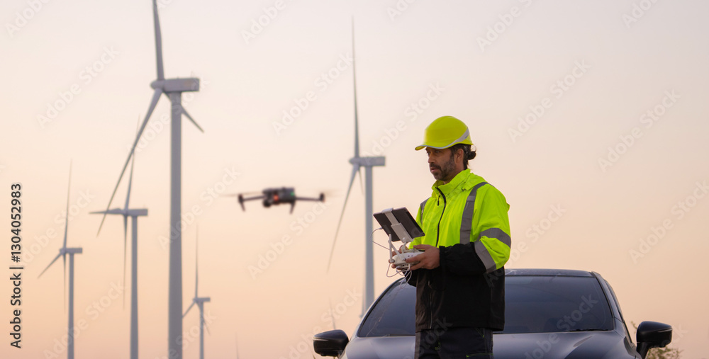Poster engineers male flying drone surveying and checking wind turbines from the high angle view of the fie