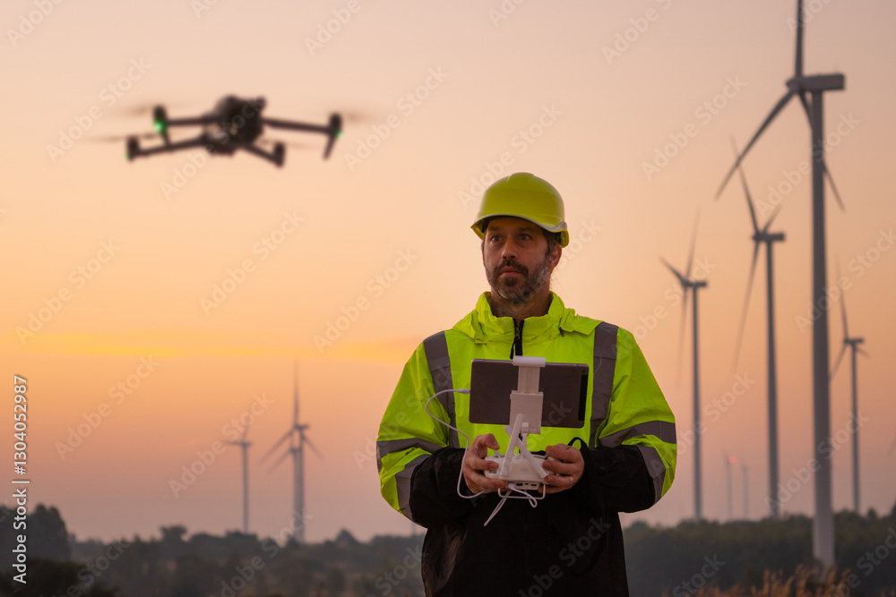Poster engineers male flying drone surveying and checking wind turbines from the high angle view of the fie