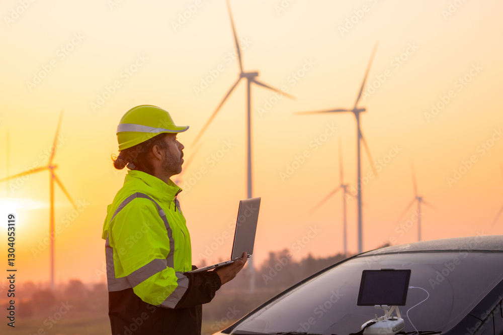 Aufkleber Engineer working on laptop in front of wind turbines for checking wind turbines of the field during beautiful sunset. Alternative energy concept.