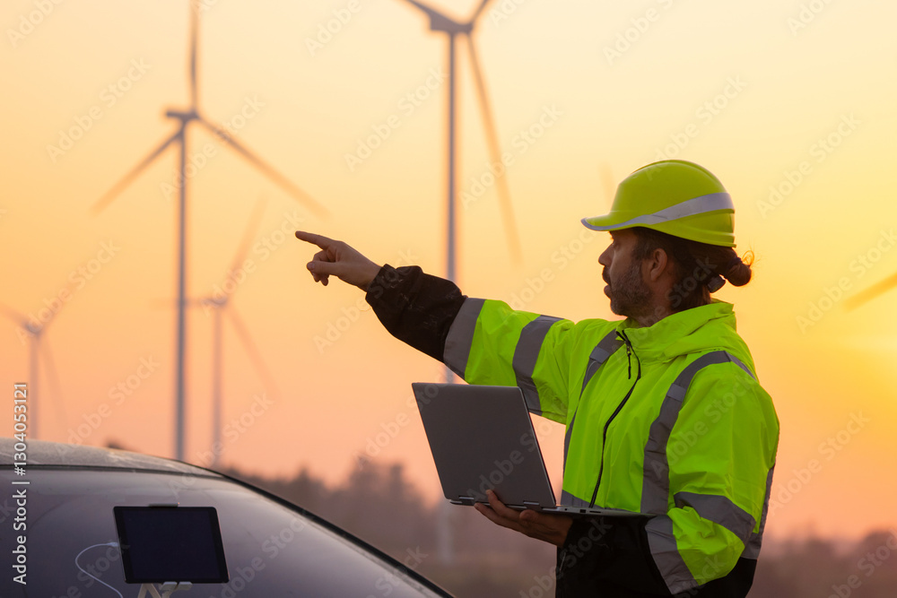 Poster Engineer working on laptop in front of wind turbines for checking wind turbines of the field during beautiful sunset. Alternative energy concept.