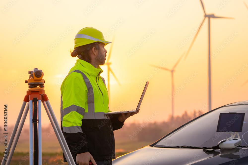 Aufkleber Engineer working on laptop in front of wind turbines for checking wind turbines of the field during beautiful sunset. Alternative energy concept.