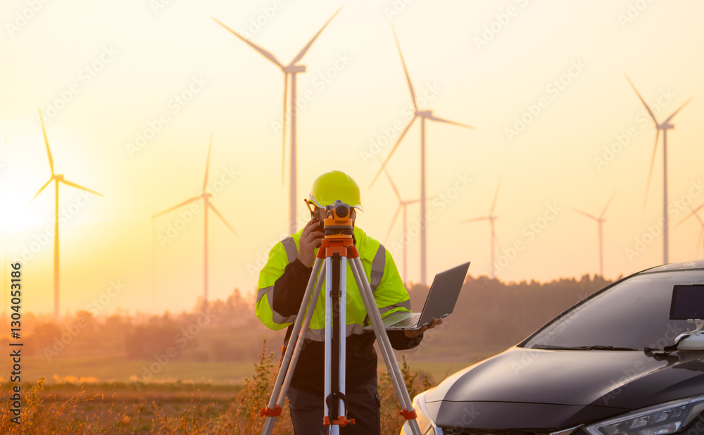 Poster Engineer working on laptop in front of wind turbines for checking wind turbines of the field during beautiful sunset. Alternative energy concept.