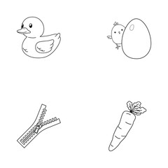 Simple line drawings, black and white illustrations, cute duck, baby chick with egg, zipper, carrot, minimalist style, children's book art, clean outlines, no shading, white background.