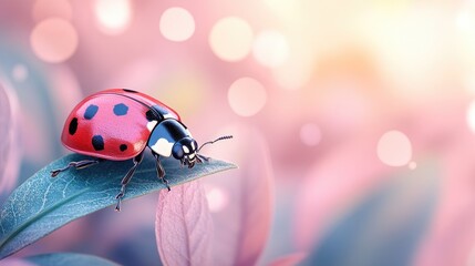Fototapeta premium Ladybug on leaf, spring blossoms, soft light, nature scene, peaceful