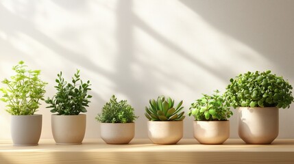 Fototapeta premium Fresh herbs like basil, rosemary, and thyme in pots on a kitchen counter with natural light