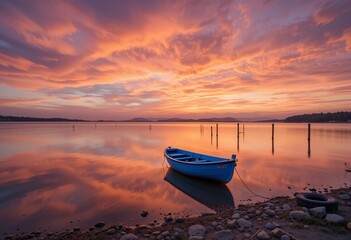 Fototapeta premium Serene Sunset Lake View. Golden Hour Light Bathes A Quiet Lake. A Blue Rowboat Resting Near The Shore. Hills In The Background. Peace And Relaxation Await.