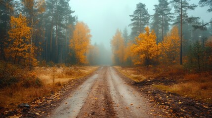 Obraz premium Autumn Foggy Forest Road. Peaceful nature scene. Possible use Stock photo for travel or nature brochures
