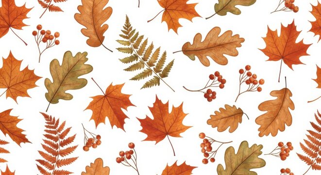 Autumn leaves pattern, vibrant fall colors, maple leaves, oak leaves, ferns, berries, acorns, scattered foliage, white background, seasonal illustration, botanical artwork, seamless design, warm tones