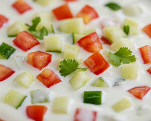 A refreshing bowl of homemade raita, a traditional yogurt-based dish, garnished with finely diced cucumber, tomato, and fresh mint leaves. 