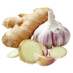 Raw ginger and garlic isolated on transparent background