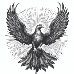 Fototapeta premium A phoenix with outstretched wings, rising from the ashes in flight in engraving style