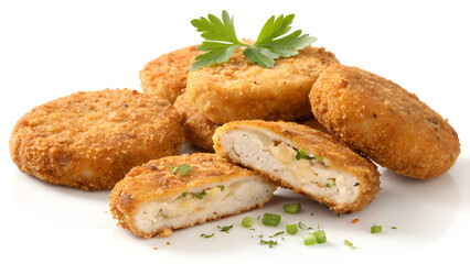 Crispy, golden-brown chicken patties or fish cakes coated in breadcrumbs, perfectly fried and isolated on a white background.