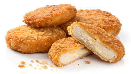 Crispy, golden-brown chicken patties or fish cakes coated in breadcrumbs, perfectly fried and isolated on a white background.