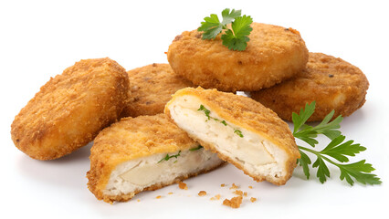 Crispy, golden-brown chicken patties or fish cakes coated in breadcrumbs, perfectly fried and isolated on a white background.