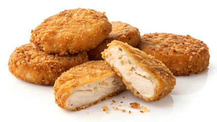 Crispy, golden-brown chicken patties or fish cakes coated in breadcrumbs, perfectly fried and isolated on a white background.