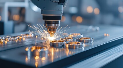 A laser cutting machine processes metal rings, emitting sparks, showcasing precision and advanced technology in manufacturing.