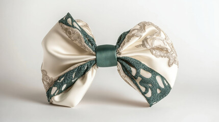 A beautifully crafted silk bow in a rich blend of ivory and emerald