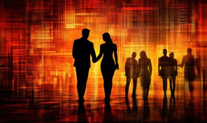 A dramatic silhouette of a couple holding hands against a vibrant, abstract background, surrounded by other figures, conveying connection and urban energy.