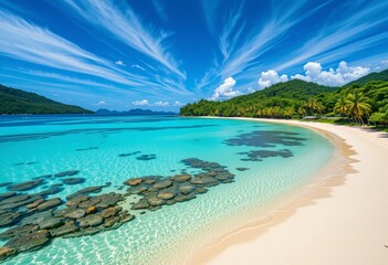 Fototapeta premium Tropical Beach Paradise. Turquoise Waters Meet A Sandy Shoreline Under A Vibrant Blue Sky. Lush Green Hillside Backdrop. Inviting Light. Perfect For Serene Escapes. Vacation Destination.