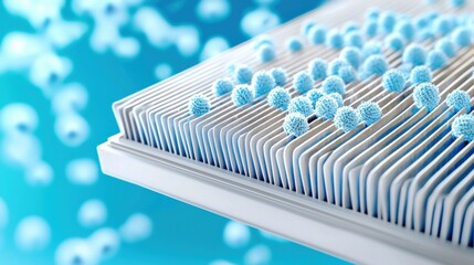 A close-up view of a filter, showcasing blue particles against a soft-focus background, emphasizing cleanliness and filtration technology.
