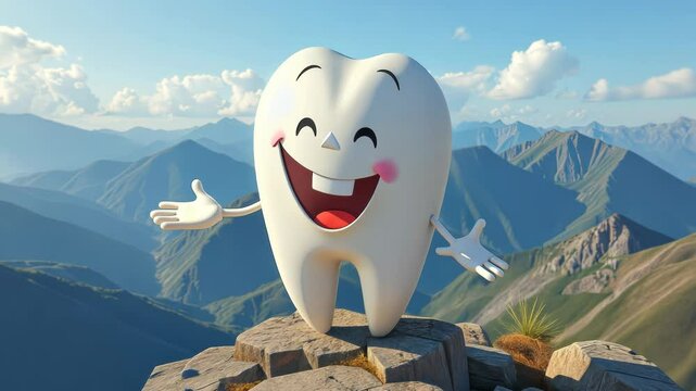  Animated Tooth Character on Mountain Peak with Arms Outstretched