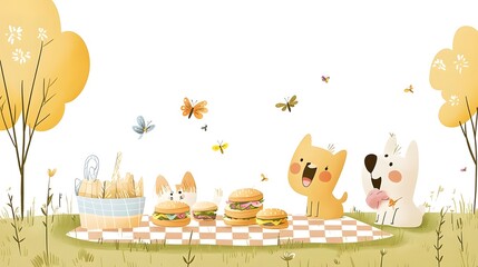 Fototapeta premium A charming and playful cartoon sketch depicting a family enjoying a picnic in a lush park setting complete with a checkered blanket delicious sandwiches