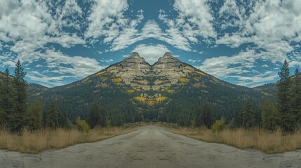 Symmetrical Mountain Landscape with Autumn Colors and a Road