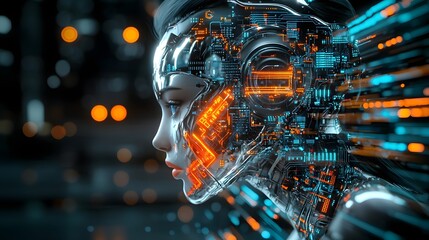 A female cyborg with a gleaming chrome faceplate and fiery glowing circuits stands in a hyper detailed futuristic urban environment surrounded by neon accented architecture against a dark