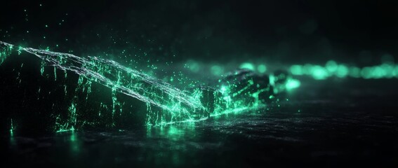 Mystical glowing green lines illuminate dark surface during night time in a tranquil environment