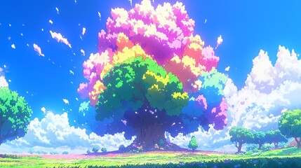 Vibrant Rainbow Tree in a Pixel Art Fantasy Landscape