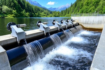 A river transformed into a source of hydroelectric energy, with a small dam generating power for nearby homes