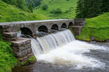 A river transformed into a source of hydroelectric energy, with a small dam generating power for nearby homes
