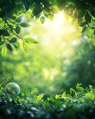 Lush greenery with a globe amidst sunlight.
