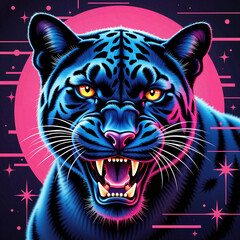 Fototapeta premium Fierce panther roaring in neon colors, cyberpunk-inspired art