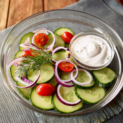 cucumber and dill salad; cucumber slices with red onions, cherry tomatoes, and yogurt dressing; bright and fresh lighting