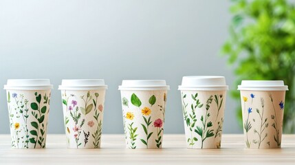 A collection of stylish disposable cups with floral and botanical designs, displayed on a wooden table against a softly blurred background of greenery, perfect for eco-friendly cafes or events.