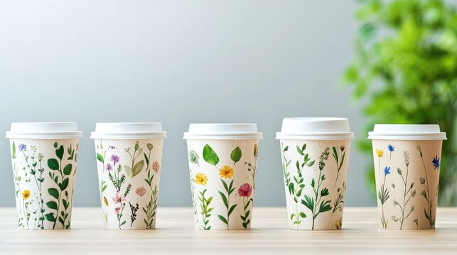 A collection of stylish disposable cups with floral and botanical designs, displayed on a wooden table against a softly blurred background of greenery, perfect for eco-friendly cafes or events.