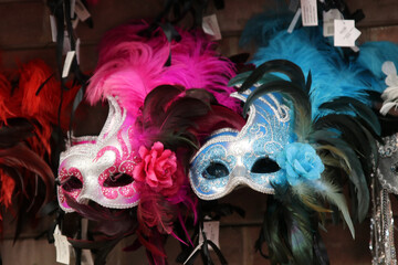 New Orleans LA February 14, 2025
Colorful and ornate Mardi Gras mask adorned with feathers showcased in New Orleans on Bourbon Street
