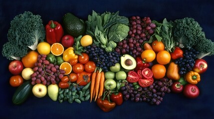 Colorful fruit and vegetable arrangement, dark background, healthy food, recipe inspiration