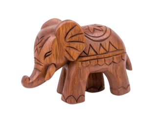 A detailed wooden elephant figurine featuring intricate carvings and a polished finish, Transparent background.